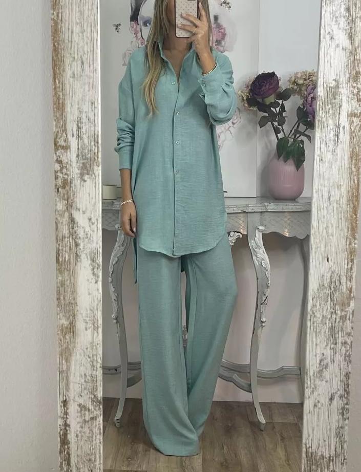 Women's Casual Solid Color Top and Wide Leg Pants Set