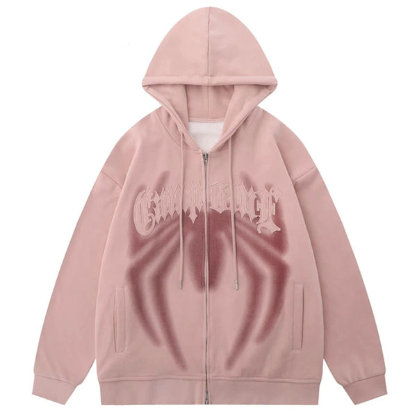 Pink Spider Print Zip Up Hoodie