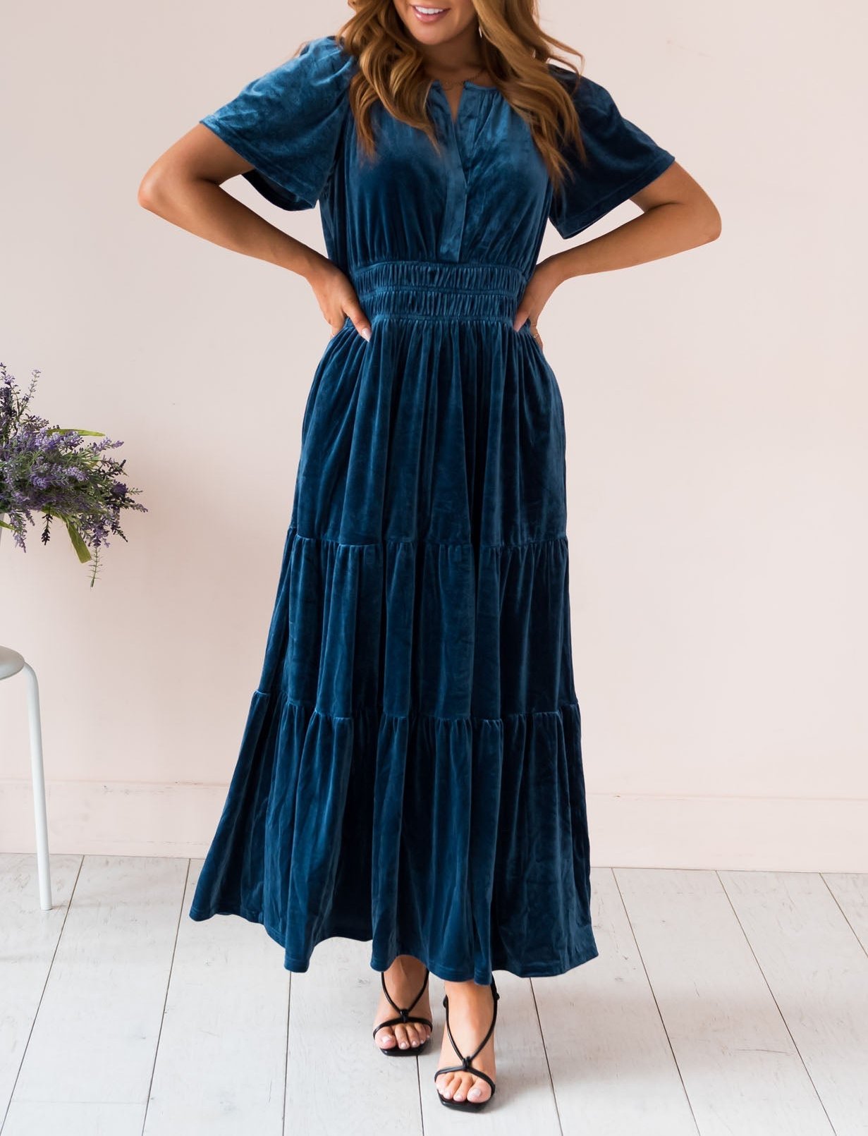 Vintage Velvet Pleated Long Dress