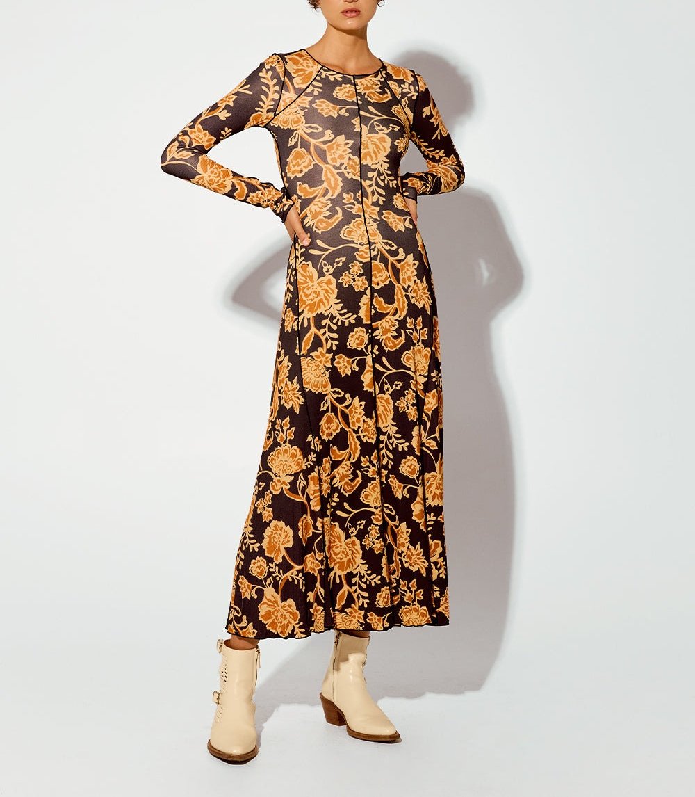 Women's Golden Toned Vine Floral Dress