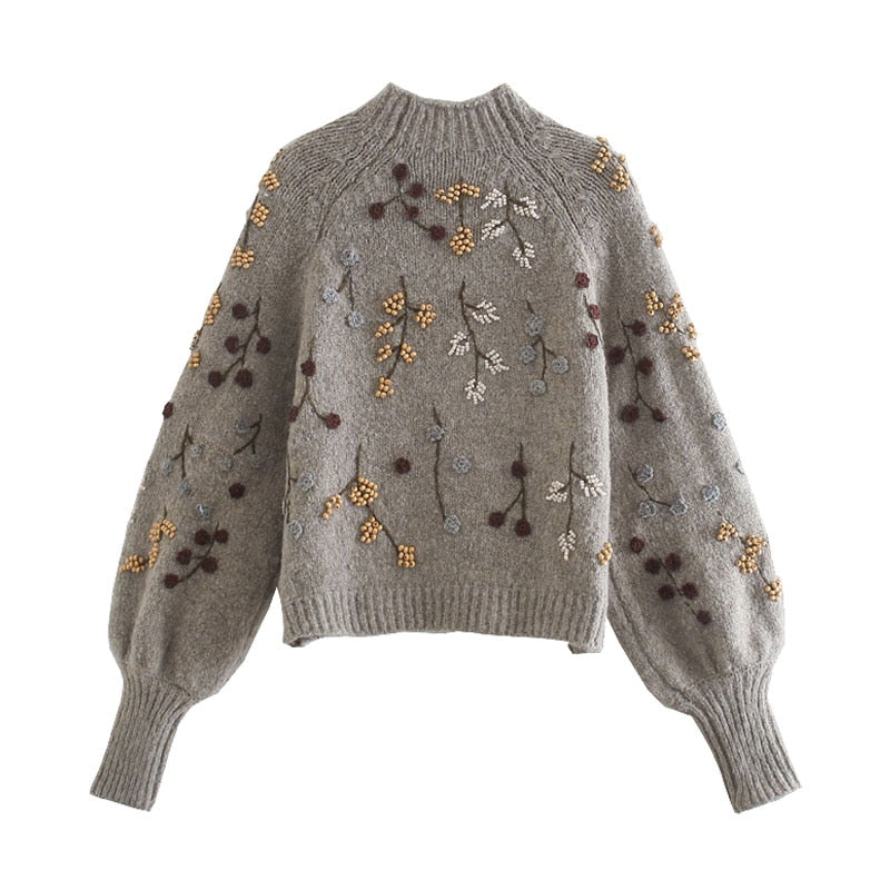 BEADING EMROIDERY CROPPED SWEATER