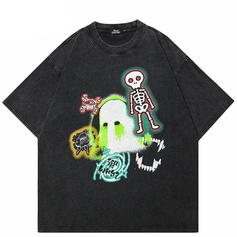 Washed Black T-Shirt Funny Skeleton